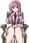  1girl blush bow breasts capelet chair crescent_hair_ornament hair_bow hair_ornament holding_hands kamukamu_(ars) large_breasts long_hair long_sleeves looking_at_viewer no_hat panties pantyshot patchouli_knowledge purple_hair purple_panties simple_background sitting solo striped touhou underwear violet_eyes white_background 