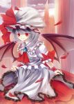  1girl aru16 ascot bat_wings blue_hair bow brooch hat hat_bow highres jewelry petals red_eyes remilia_scarlet sash solo touhou wings wrist_cuffs 