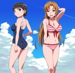  2girls ass asuna_(sao) bikini black_hair brown_eyes brown_hair competition_school_swimsuit from_behind green_eyes highres kirigaya_suguha long_hair multiple_girls puge school_swimsuit short_hair standing swimsuit sword_art_online 