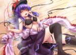  1girl black_bra black_hat black_legwear blush bra breasts cable closed_eyes clothes_down electrocution entangled hat hat_ribbon highres large_breasts long_hair lying midriff nagae_iku navel on_back open_clothes open_mouth open_shirt over-kneehighs purple_hair ribbon shawl shirt shirt_down skirt skirt_set solo sparks sweat t.m_(aqua6233) thigh-highs thighs touhou under_boob underwear wavy_mouth wooden_floor zettai_ryouiki 