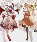  2girls adapted_costume alternate_hairstyle asymmetrical_hair asymmetrical_wings bat_wings black_legwear blonde_hair cats_brain cup curly_hair dress fang flandre_scarlet hair_between_eyes highres laevatein lavender_hair long_sleeves looking_at_viewer mary_janes mob_cap multiple_girls open_mouth pink_dress puffy_long_sleeves puffy_short_sleeves puffy_sleeves red_dress red_eyes remilia_scarlet shoes short_hair short_sleeves siblings side_ponytail sisters standing standing_on_one_leg teacup teapot thigh-highs touhou wings 