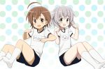  2girls ahoge aqua_eyes blush blush_stickers brown_eyes brown_hair crossover glastonbury1966 gym_uniform last_order multiple_girls name_tag polka_dot polka_dot_background sanya_v_litvyak shirt short_hair short_sleeves shorts silver_hair socks strike_witches to_aru_majutsu_no_index white_shirt 