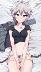  1girl anastasia_(idolmaster) blue_eyes blush breasts cleavage idolmaster idolmaster_cinderella_girls jacket jacket_removed jewelry looking_at_viewer lying maguro_mayonnaise necklace on_back panties parted_lips short_hair silver_hair solo underwear 