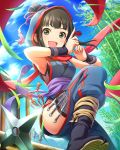  1girl artist_request black_hair fishnets green_eyes hair_bun hamaguchi_ayame idolmaster idolmaster_cinderella_girls kunai ninja official_art scarf shuriken smile weapon 