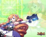  1girl akaga_hirotaka arcana_heart arcana_heart_3 armpits bangs bare_shoulders blue_eyes blunt_bangs blush breasts character_name cleavage copyright_name crossed_arms dress drill_hair dual_wielding earrings elbow_gloves fighting_stance flower frown gloves glowing gun hair_flower hair_ornament handgun jewelry large_breasts logo long_hair necklace official_art open_mouth orange_hair pendant petra_johanna_lagerkvist rose solo sparkle twin_drills very_long_hair wallpaper weapon white_rose 