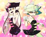 2girls :d black_hair callie_(splatoon) cousins detached_collar dress earrings fangs food food_on_head gloves green_legwear inaro jewelry long_hair marie_(splatoon) mask mole mole_under_eye multiple_girls object_on_head open_mouth orange_eyes pantyhose pointy_ears purple_legwear short_hair smile splatoon star starry_background strapless_dress sushi white_gloves