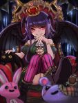  bare_shoulders bear breasts cat cleavage convenient_censoring cravat crown fangs grin head_wings highres kai_(hokkaido) looking_at_viewer original pointy_ears purple_hair red_eyes shoes sitting smile stitches stuffed_animal stuffed_toy teddy_bear teeth thigh-highs throne wings 