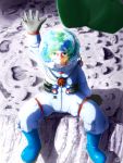  1girl artist_request crater footprints gloves green_eyes green_hair hat helmet highres kawashiro_nitori looking_at_viewer reflection smile solo space spacesuit touhou 