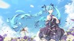  1girl aqua_eyes aqua_hair clouds detached_sleeves dress field floating_hair flower flower_field frilled_sleeves frills glint hair_ribbon hand_on_own_chest hatsune_miku headphones highres holding layered_dress lf long_hair long_sleeves microphone motion_blur necktie outdoors petals revision ribbon sky smile solo twintails very_long_hair vocaloid wallpaper widescreen wind windmill 
