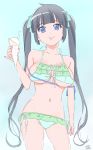  1girl :p bikini black_hair blue_eyes breasts cute dungeon_ni_deai_wo_motomeru_no_wa_machigatteiru_darou_ka food hair_ribbon hestia_(danmachi) ice_cream kawasaki_kazuhiko large_breasts long_hair pinky_out rei_no_himo ribbon solo swimsuit tongue tongue_out twintails 