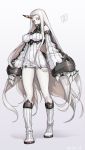  1girl absurdres boots breasts claws detached_sleeves dress highres horn kantai_collection large_breasts long_hair looking_at_viewer pale_skin red_eyes ribbed_dress seaport_hime shiba_itsuki shinkaisei-kan short_dress sideboob simple_background solo very_long_hair white_hair white_skin 