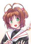  1girl absurdres brown_hair bulbonne cardcaptor_sakura green_eyes highres kinomoto_sakura school_uniform short_hair solo wand 