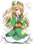  1girl blonde_hair detached_sleeves floral_print hair_ornament japanese_clothes karamoneeze kimono long_hair love_live!_school_idol_project minami_kotori obi one_side_up open_mouth sash smile solo very_long_hair wide_sleeves yellow_eyes 