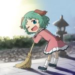  1girl animal_ears broom dog_ears dog_tail green_hair kasodani_kyouko one_eye_closed open_mouth short_hair solo sweeping tail touhou yamabuki_(yusuraume) 