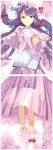  1girl blush book bow capelet crease crescent dress frills full_body hair_bow hair_ornament hat highres long_hair long_sleeves looking_at_viewer mob_cap open_book parted_lips patchouli_knowledge purple_hair scan scan_artifacts solo striped text touhou ueda_ryou vest wide_sleeves 
