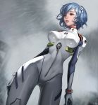  1girl absurdres arm_at_side ayanami_rei blue_hair breasts clouds cloudy_sky from_below g_o_91 highres looking_to_the_side neon_genesis_evangelion parted_lips plugsuit rain red_eyes short_hair sky solo standing 