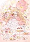  1girl bangs berries blonde_hair blush bobby_socks bonnet bow cake cherry chin_strap cup cupcake dress finger_to_mouth flower food fruit gloves gown grapes grey_eyes hat heart high_heels highres holding jewelry lalala222 layered_dress lolita_fashion long_hair long_sleeves looking_at_viewer macaron original pantyhose pastry petals pink_rose pink_shoes plate raspberry ring rose shoes signature socks solo standing strawberry sweet_lolita teacup tray two_side_up very_long_hair wavy_hair white_gloves white_legwear white_pupil 