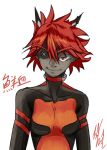  1girl breasts eyebrows horns kill_la_kill matoi_sakuretsu messy_hair personification red_eyes redhead scar scar_across_eye senketsu short_hair thick_eyebrows 