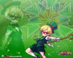  2girls akaga_hirotaka androgynous arcana_heart arcana_heart_3 blonde_hair blue_eyes cane character_name copyright_name dorothy_albright dual_persona gloves green_background halftone halftone_background hat mask multiple_girls official_art reverse_trap short_hair socks top_hat wallpaper 