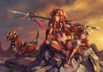  1boy 1girl armor barefoot bird darenn fantasy feet freckles ginger les_chevaucheurs maxa&#039; mecha midriff navel phenice_walholl polearm redhead spear steampunk sunset toeless_socks toes weapon 