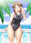  1girl ayato balcony brown_eyes brown_hair competition_swimsuit girls_und_panzer glasses highres one-piece_swimsuit sasagawa_kanon short_hair swimsuit 