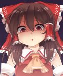  1girl :o ascot blush bow brown_hair commentary_request detached_sleeves hair_bow hair_ribbon hair_tubes hakurei_reimu haruki_5050 large_bow looking_at_viewer looking_down red_eyes ribbon shaded_face solo touhou translation_request upper_body 