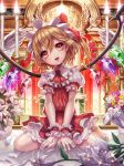  barefoot blonde_hair bow box_(hotpppink) candle candlestand daisy dress flandre_scarlet flower frilled_skirt frills hair_bow highres lily_(flower) looking_at_viewer open_mouth red_dress red_eyes rose sitting skirt spread_legs touhou vase wings 