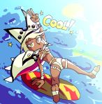  1girl barefoot belt beltbra breasts cape dark_skin guilty_gear guilty_gear_xrd handstand hat midriff ramlethal_valentine setz short_shorts shorts solo surfboard surfing thigh_strap toes tsurime under_boob v yellow_eyes 