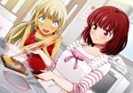  2girls alessandra_susu alternate_hairstyle apron blonde_hair blue_eyes chopsticks cooking earrings hands_together hoop_earrings jewelry kasukabe_haru kazuo_daisuke multiple_girls omelet open_mouth ponytail red_eyes redhead ribbon sparkle_eyes tamagoyaki tokyo_7th_sisters 