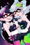 2girls :d absurdres black_hair breasts callie_(splatoon) cleavage cousins dress earrings erin_(honey_glows) fangs food food_on_head green_legwear highres interlocked_fingers jewelry long_hair marie_(splatoon) mask mole mole_under_eye multiple_girls object_on_head open_mouth orange_eyes pantyhose pointy_ears purple_legwear silver_hair smile sparkle splatoon strapless_dress sushi tentacle_hair