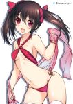  1girl bikini black_hair bow hair_bow kurifuto love_live!_school_idol_project open_mouth red_eyes short_hair sketch small_breasts smile swimsuit thigh-highs twintails yazawa_nico 