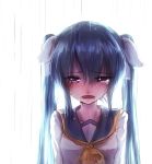  1girl bai_yemeng blue_eyes blush collarbone crying crying_with_eyes_open green_hair hair_ribbon hatsune_miku highres long_hair nose_blush open_mouth rain revision ribbon shirt solo tears twintails upper_body vocaloid white_background 