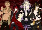  4boys absurdres aion_(show_by_rock!!) animal_ears artist_request black_gloves black_hair black_nails blonde_hair blue_eyes bracelet brown_hair choker crow_(show_by_rock!!) earrings fingerless_gloves glasses gloves hand_in_hair highres jewelry long_hair male_focus multiple_boys nail_polish necklace necktie open_clothes open_mouth pants red_eyes redhead rom_(show_by_rock!!) short_hair show_by_rock!! smile tattoo violet_eyes yaiba_(show_by_rock!!) yellow_eyes 
