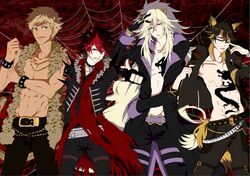  4boys absurdres aion_(show_by_rock!!) animal_ears artist_request black_gloves black_hair black_nails blonde_hair blue_eyes bracelet brown_hair choker crow_(show_by_rock!!) earrings fingerless_gloves glasses gloves hand_in_hair highres jewelry long_hair male_focus multiple_boys nail_polish necklace necktie open_clothes open_mouth pants red_eyes redhead rom_(show_by_rock!!) short_hair show_by_rock!! smile tattoo violet_eyes yaiba_(show_by_rock!!) yellow_eyes 