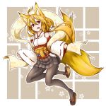  1girl animal_ears blonde_hair breasts detached_sleeves fox_ears fox_tail japanese_clothes kimono kimono_skirt kitsune long_hair looking_at_viewer low-tied_long_hair multiple_tails open_mouth original red_eyes ryota_tentei sandals short_eyebrows solo tail thigh-highs two_tails 