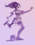  1girl alternate_costume alternate_hairstyle burn_scar football_(object) headband ikezawa_hanako katawa_shoujo kicking monochrome open_mouth ponytail rtil scar shorts socks solo sportswear t-shirt 