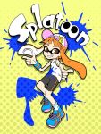  1girl baseball_cap bike_shorts copyright_name finger_gun flat_chest full_body grin hat inkling long_hair mask mitsu_(m2shout_g) orange_eyes orange_hair paint_splatter payot pointy_ears shoes smile sneakers solo splatoon tank_top tentacle_hair wristband 