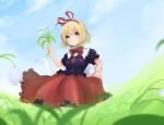  1girl blonde_hair blouse blue_eyes blue_sky blurry bowtie clouds depth_of_field fisheye flower grass hair_ribbon highres index_finger_raised lily_of_the_valley medicine_melancholy outdoors raised_hand ribbon sakurafuumi short_hair skirt skirt_hold sky smile solo 