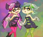 2girls :d callie_(splatoon) detached_collar dress earrings fangs food food_on_head gloves green_hair green_legwear holding_hands jewelry long_hair marie_(splatoon) mask mole mole_under_eye multiple_girls object_on_head okiza_yuuri open_mouth pantyhose pointy_ears purple_legwear short_hair smile splatoon strapless_dress sushi unitard white_gloves