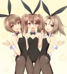  3girls :d animal_ears brown_eyes brown_hair bunny_girl bunny_tail bunnysuit detached_collar flat_chest girl_sandwich holding_hands kantai_collection kk-sk-ray multiple_girls open_mouth pantyhose ponytail rabbit_ears ryuujou_(kantai_collection) sandwiched short_hair small_breasts smile taihou_(kantai_collection) tail twintails wrist_cuffs zuihou_(kantai_collection) 