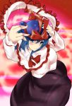 1girl alternate_eye_color alternate_hair_color blue_eyes blue_hair blush bow capelet cube_(circussion) frills hat hat_bow highres nagae_iku shawl skirt solo touhou