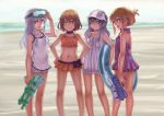  4girls akatsuki_(kantai_collection) anchor_symbol beach blush brown_eyes brown_hair collarbone folded_ponytail goggles goggles_on_head hair_between_eyes hair_ornament hairclip hands_on_hips hibiki_(kantai_collection) ikazuchi_(kantai_collection) inazuma_(kantai_collection) innertube kantai_collection kosai_takayuki lavender_hair long_hair looking_at_viewer multiple_girls open_mouth outdoors purple_hair short_hair skirt smile water_gun white_hair 