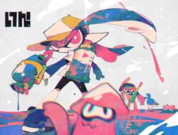  1boy 2girls animal baseball_cap bike_shorts blue_hair chromatic_aberration goggles goggles_on_head hat holding inkling long_hair mask multiple_girls paint paint_splatter pink_eyes pointy_ears reflection reflective_floor shirt splatoon squid super_soaker suzuka_g tentacle_hair 