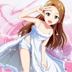  1girl brown_eyes brown_hair dress hairband idolmaster kouchou long_hair minase_iori open_mouth shorts smile solo v 