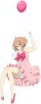  1girl balloon bow brown_hair dress glasses gloves kuriyama_mirai kyoukai_no_kanata official_art pink_dress pumpkin_pants red-framed_glasses ribbon short_hair solo transparent_background 