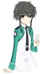  expressionless gesture grey_eyes kitayama_shizuku looking_at_viewer mahouka_koukou_no_rettousei necktie school_uniform short_hair simple_background sitting sleeve v white_background 