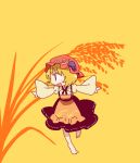  1girl aki_minoriko barefoot blonde_hair food fruit grapes hat open_mouth outstretched_arms red_eyes solo touhou wide_sleeves yamabuki_(yusuraume) yellow_background 