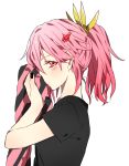  1girl alternate_hairstyle ariilha12 guilty_crown hair_ornament hairclip looking_at_viewer pink_hair ponytail red_eyes solo towel twintails yuzuriha_inori 