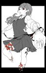  1girl abstract blood bruise commentary_request cutting greyscale halftone highres injury knife letter_opener long_hair monochrome open_mouth original red_eyes shirt skirt solo spot_color text usasaki_shiro 