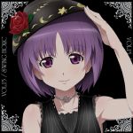 1girl album_cover alternate_costume arm_up black_background bowl cover face flower looking_at_viewer object_on_head purple_hair rose short_hair sleeveless smile solo sukuna_shinmyoumaru swing_holic text touhou tsukimido upper_body violet_eyes 